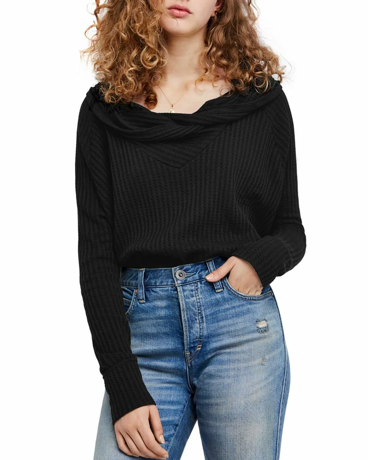 Free People Women's Wildcat Thermal Pullover Sweater, Black, XS