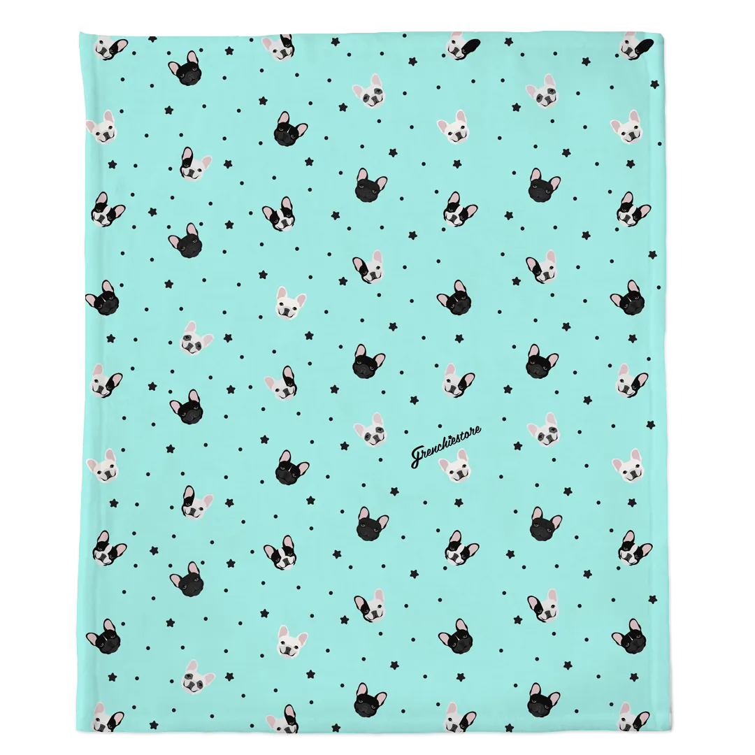 Frenchie Blanket |  French Bulldogs and stars on Aqua