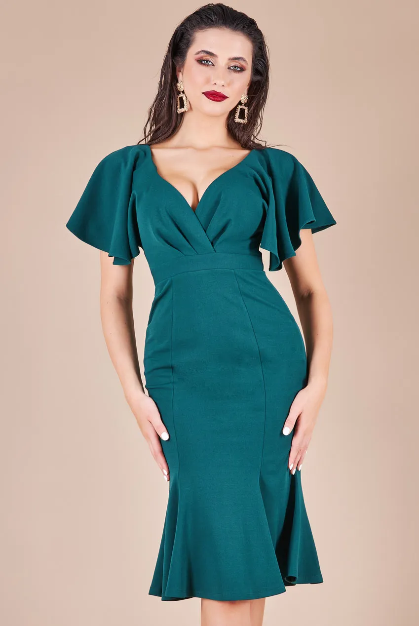 Goddiva Flared Sleeve Front Wrap Midi Dress