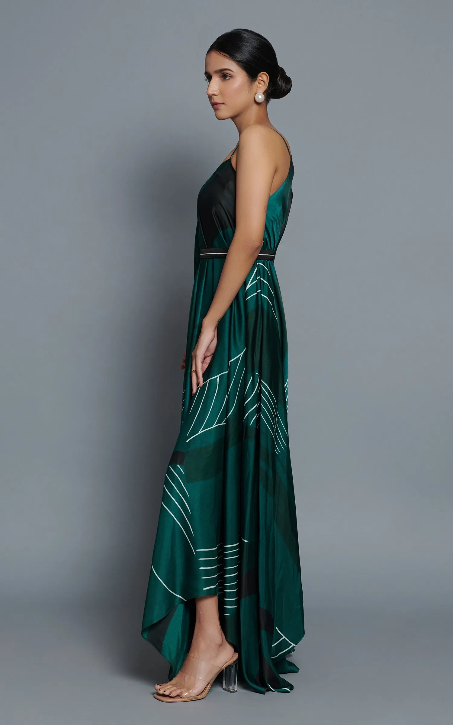 Green Abstract Printed V Neck Drape