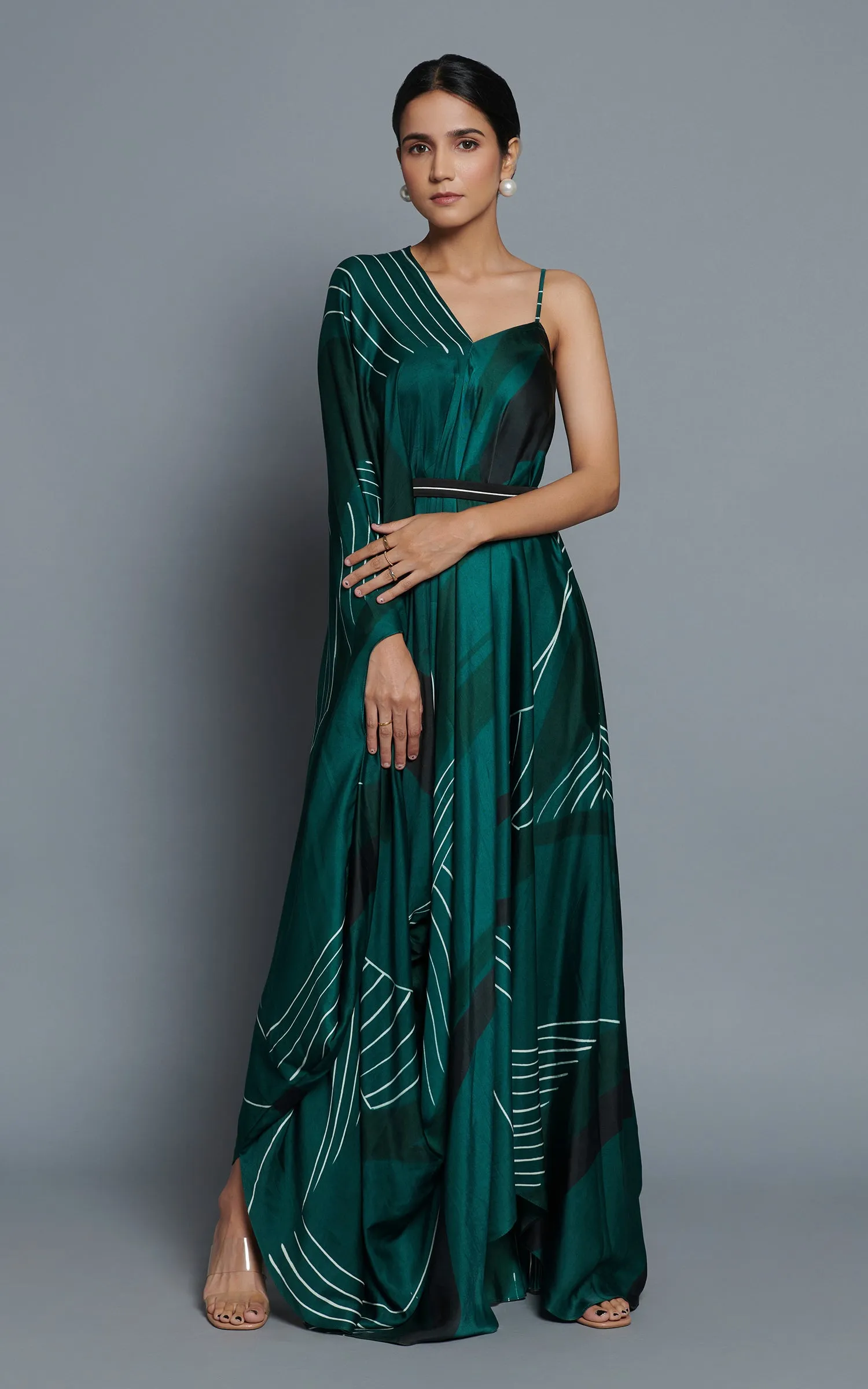 Green Abstract Printed V Neck Drape