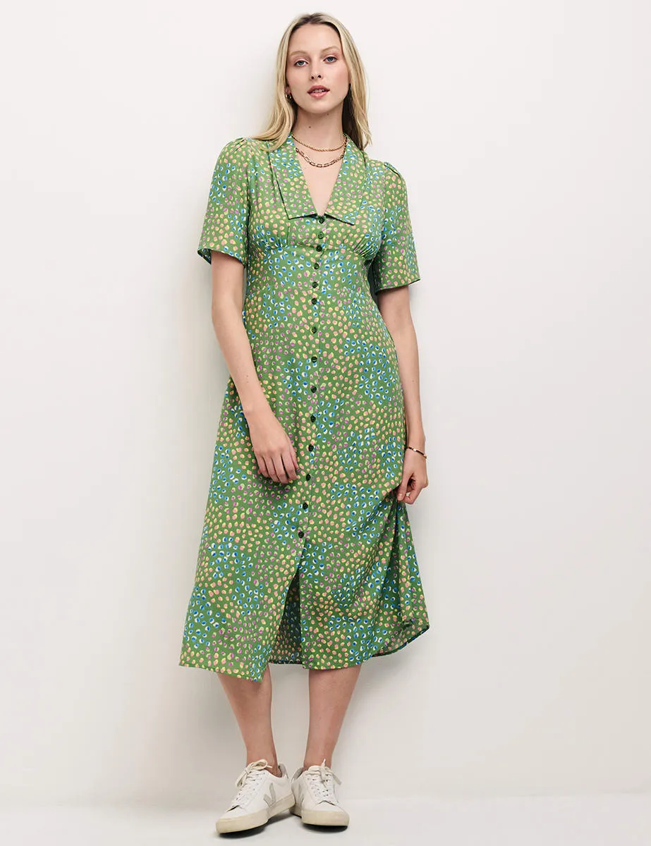 Green Spot Daisy Midi Shirt Dress