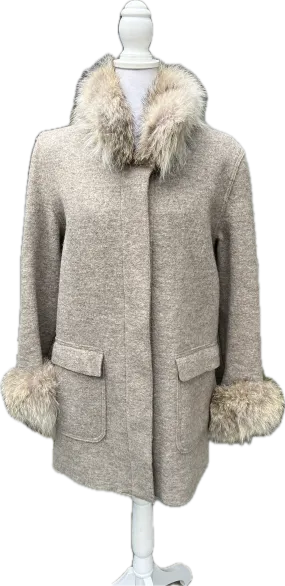 Hilary Radley Heather Beige Wool Coat with Fur Trim, 6