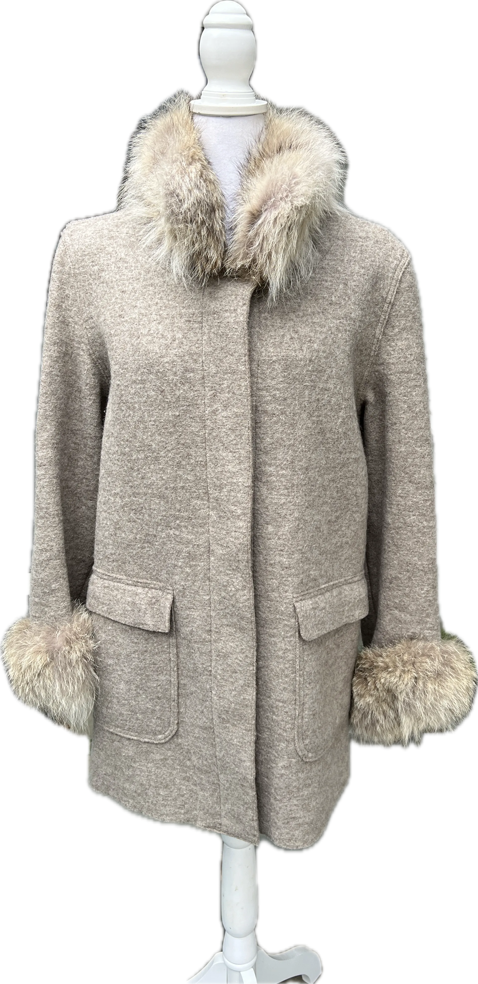 Hilary Radley Heather Beige Wool Coat with Fur Trim, 6