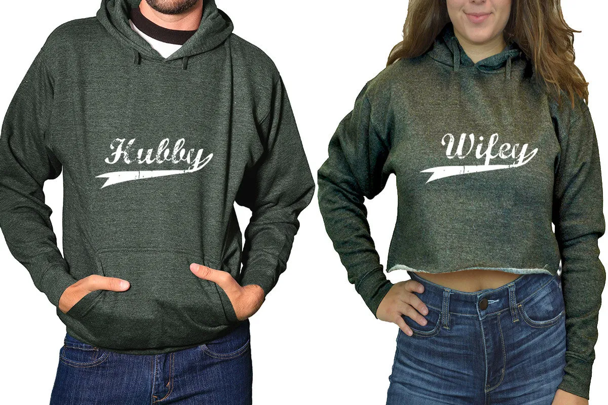 Hubby Wifey Couple Matching Hoodies, Ladies Crop Top Hoodie and Mens Pullover Hoodie