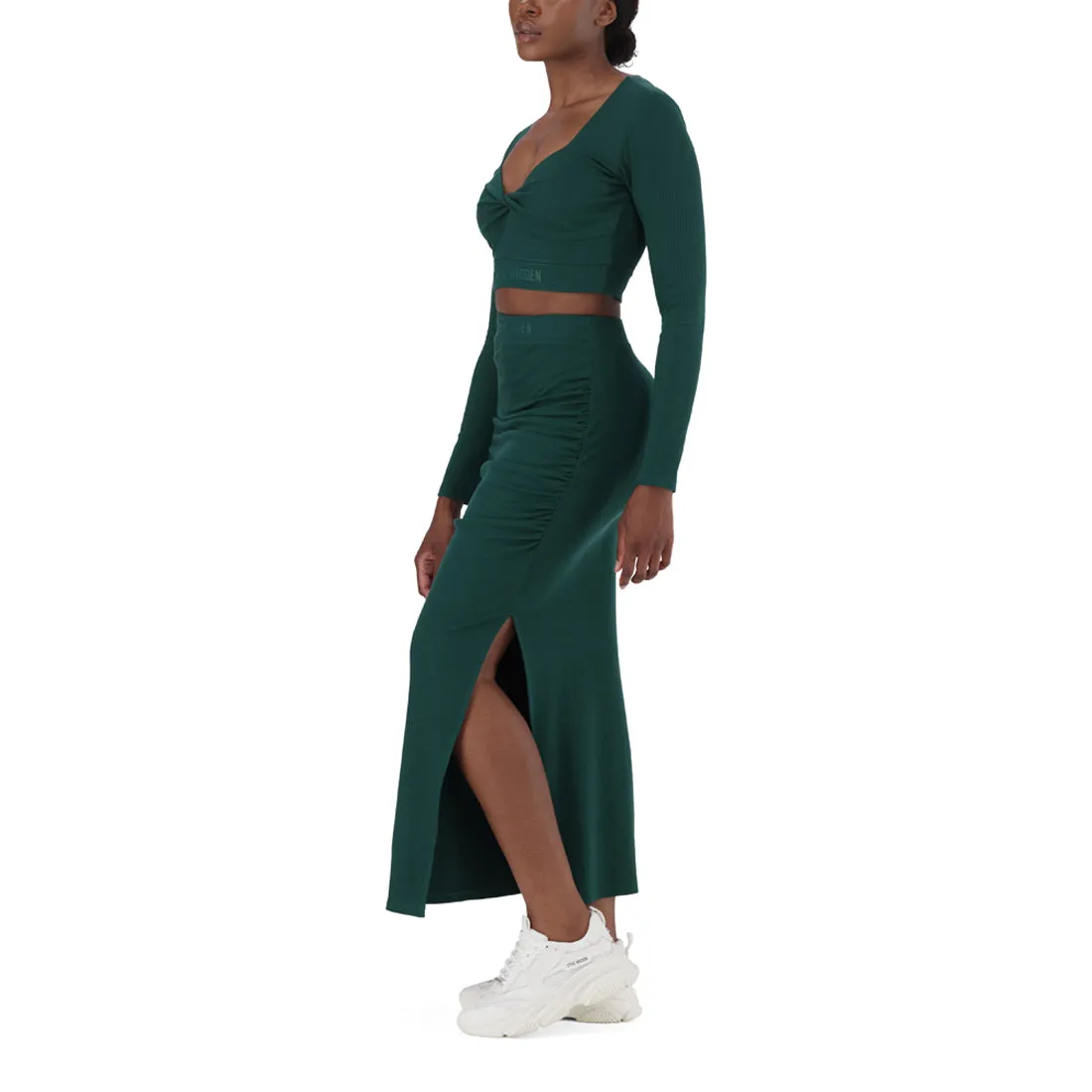 LAYLA DARK GREEN HIGH WAISTED RIB BODYCON MIDI SKIRT WITH TWIST