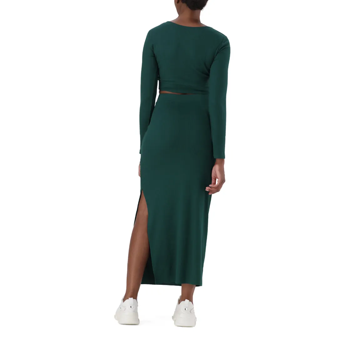 LAYLA DARK GREEN HIGH WAISTED RIB BODYCON MIDI SKIRT WITH TWIST