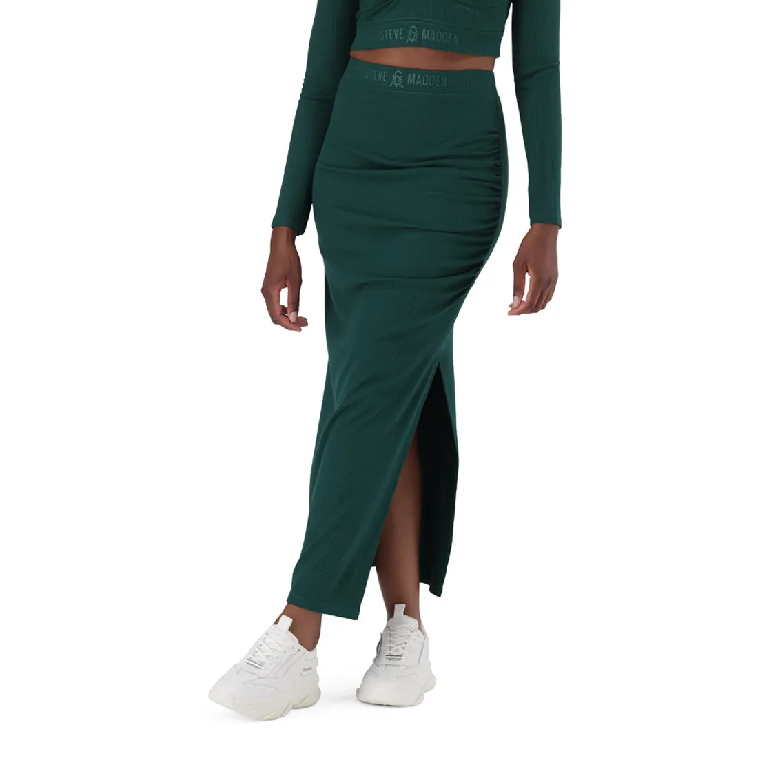 LAYLA DARK GREEN HIGH WAISTED RIB BODYCON MIDI SKIRT WITH TWIST