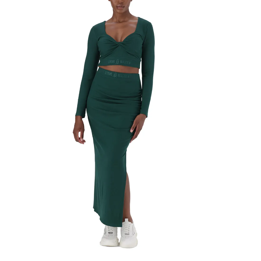 LAYLA DARK GREEN HIGH WAISTED RIB BODYCON MIDI SKIRT WITH TWIST