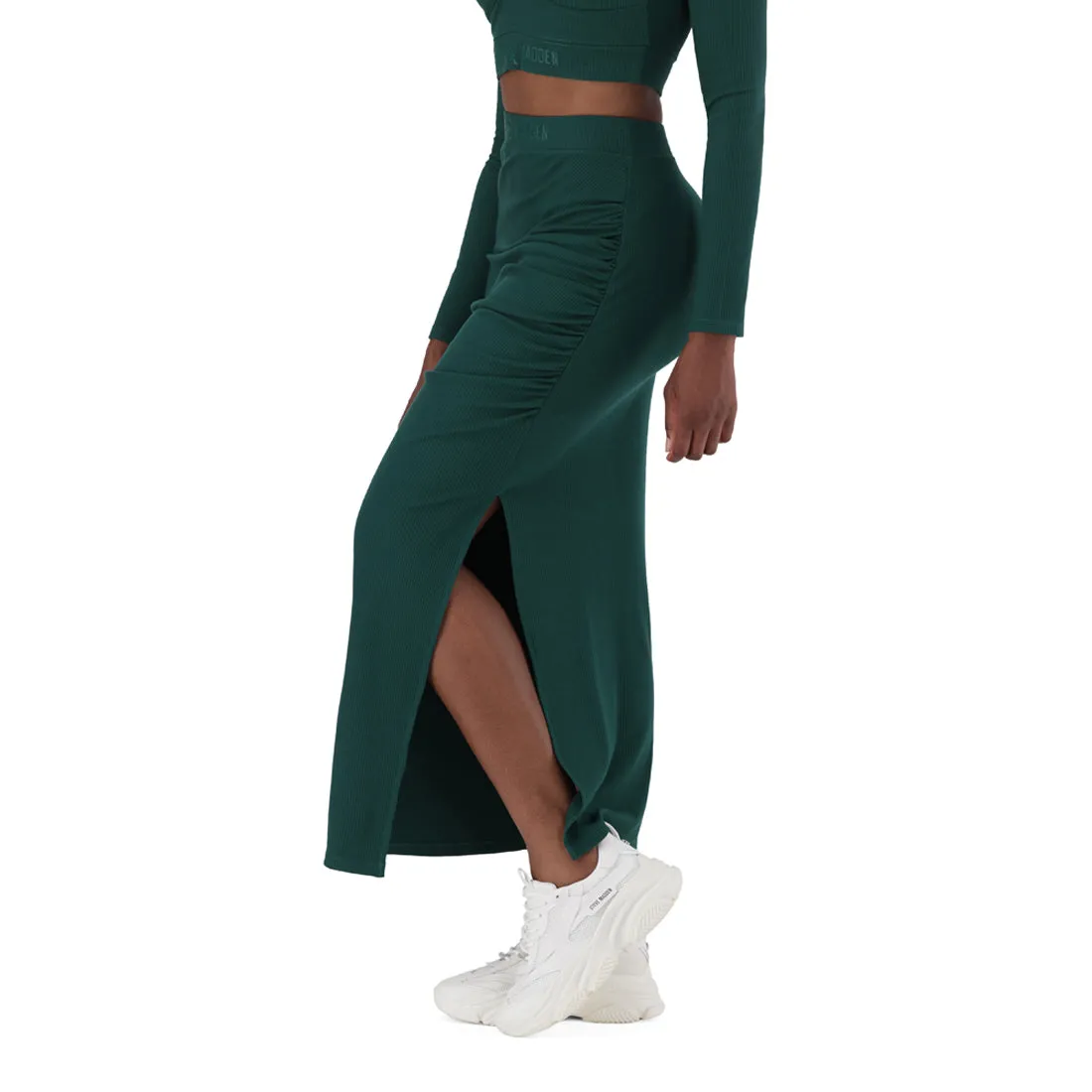 LAYLA DARK GREEN HIGH WAISTED RIB BODYCON MIDI SKIRT WITH TWIST