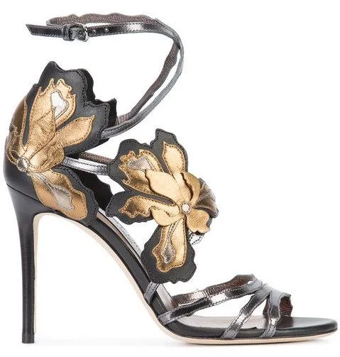 'Lolita' Floral Sandals, Black and Gold