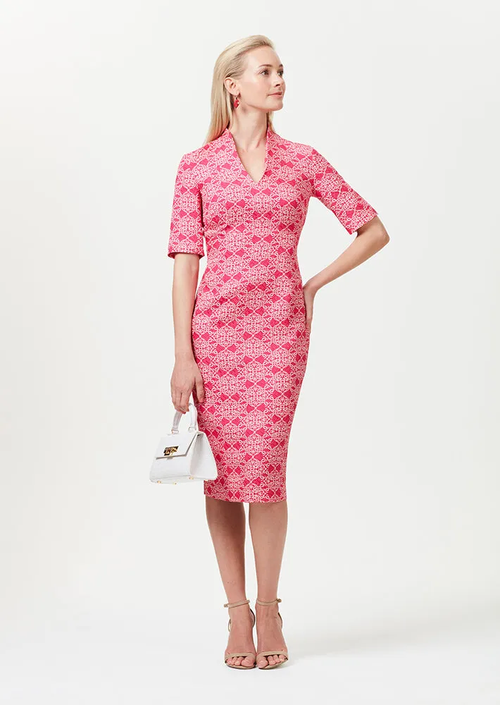 Longer Length Silk/Wool Shift Dress with Sleeves in Fuchsia and Ivory Matelassé - Em