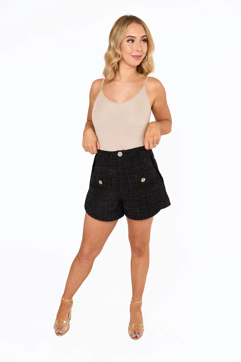 Mae Tweed High-Waisted Shorts - Black Ice