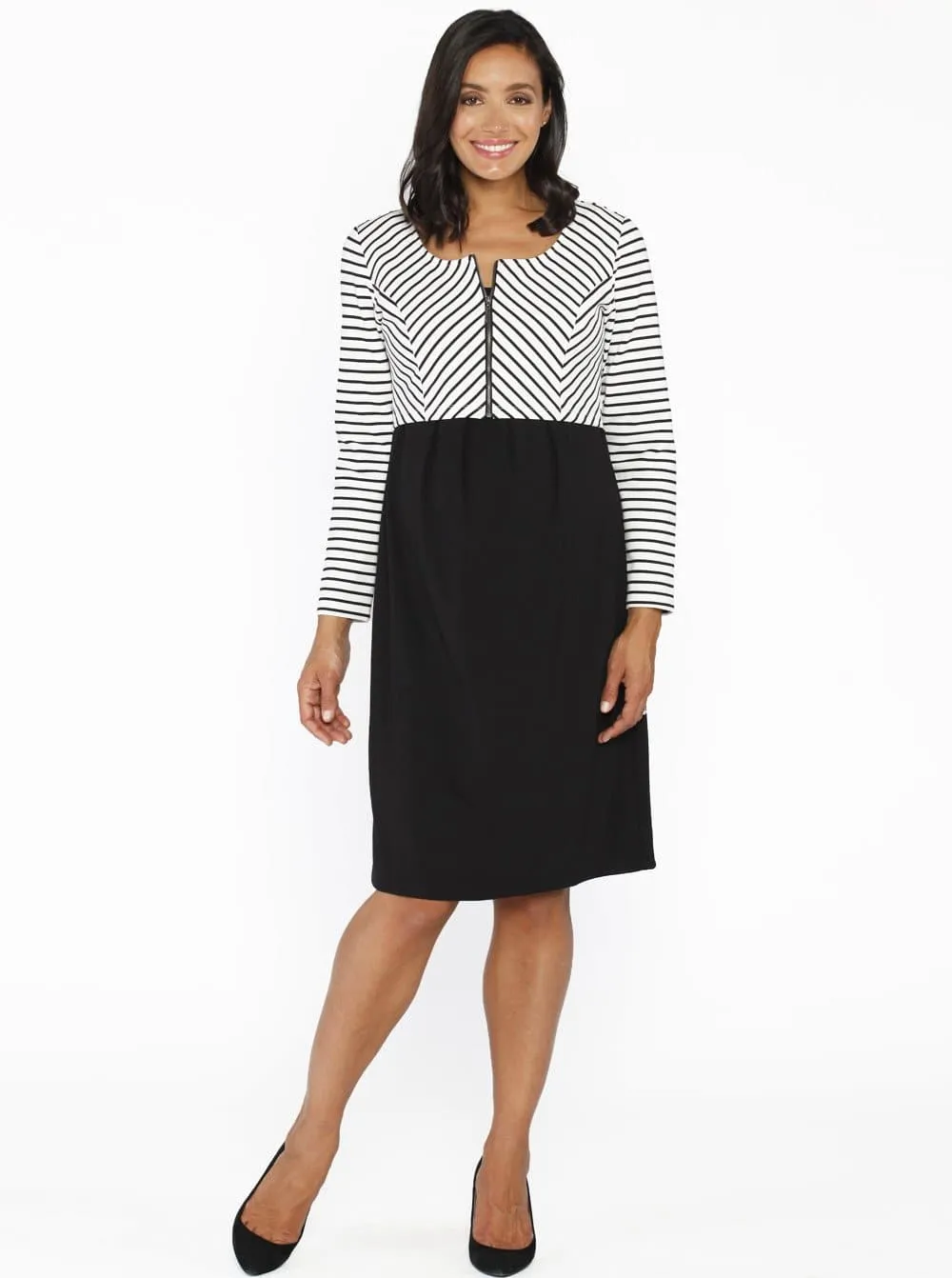 Maternity Stripe Work Dress with Zipper Details - Black