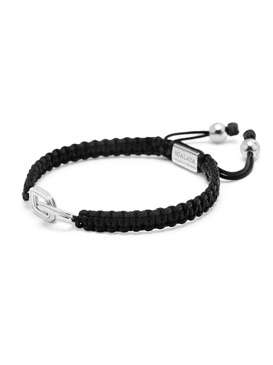 Men's Black String Bracelet with Silver Interlocking Rings