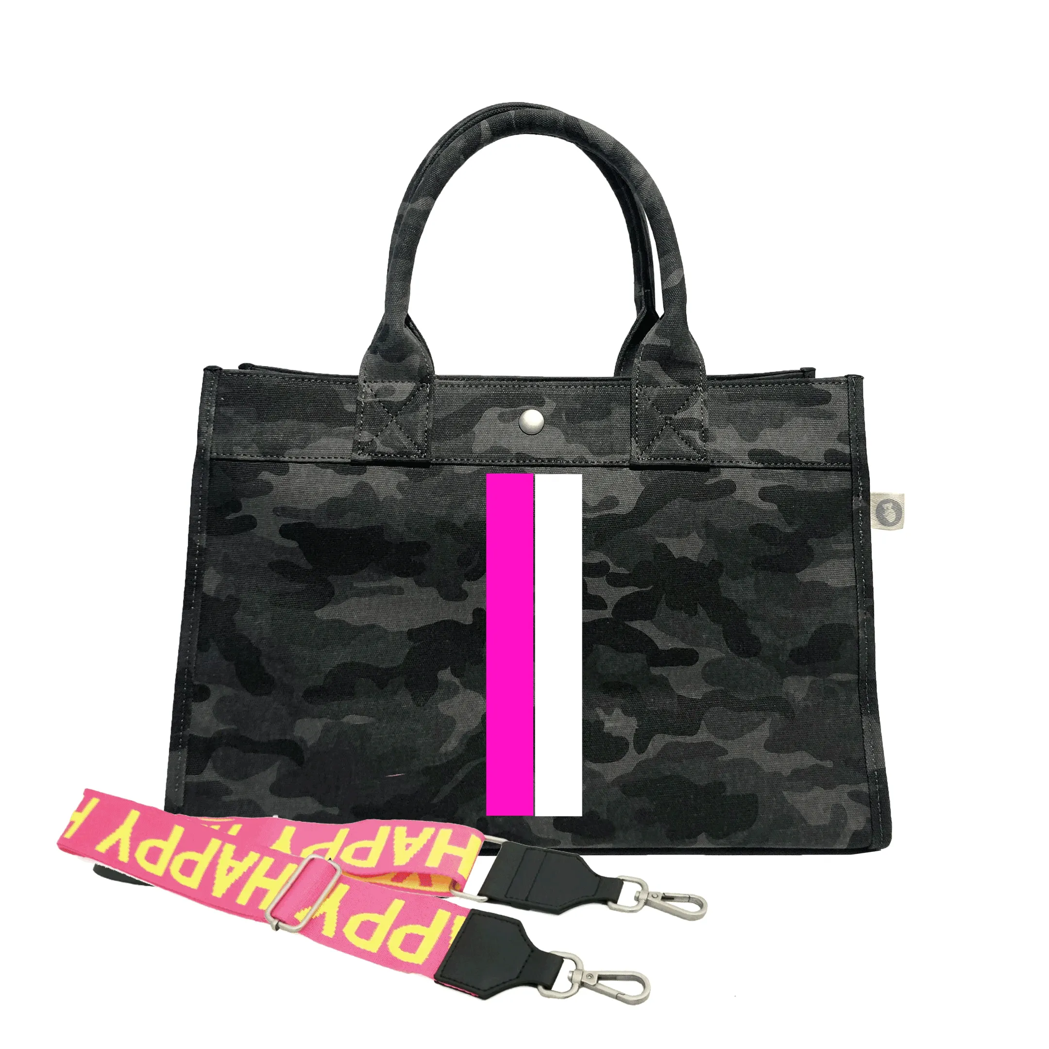 Midi East West Bag: Black Camouflage with Color Stripes