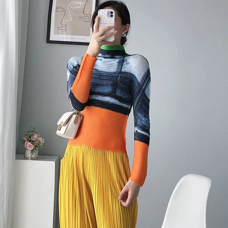 Miyake Pleated Long Sleeve Bottoming Shirt Women's Fashion Slim High Neck Orange Commuter Top