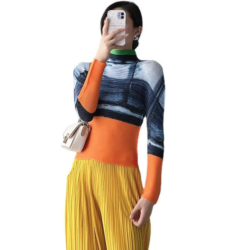 Miyake Pleated Long Sleeve Bottoming Shirt Women's Fashion Slim High Neck Orange Commuter Top