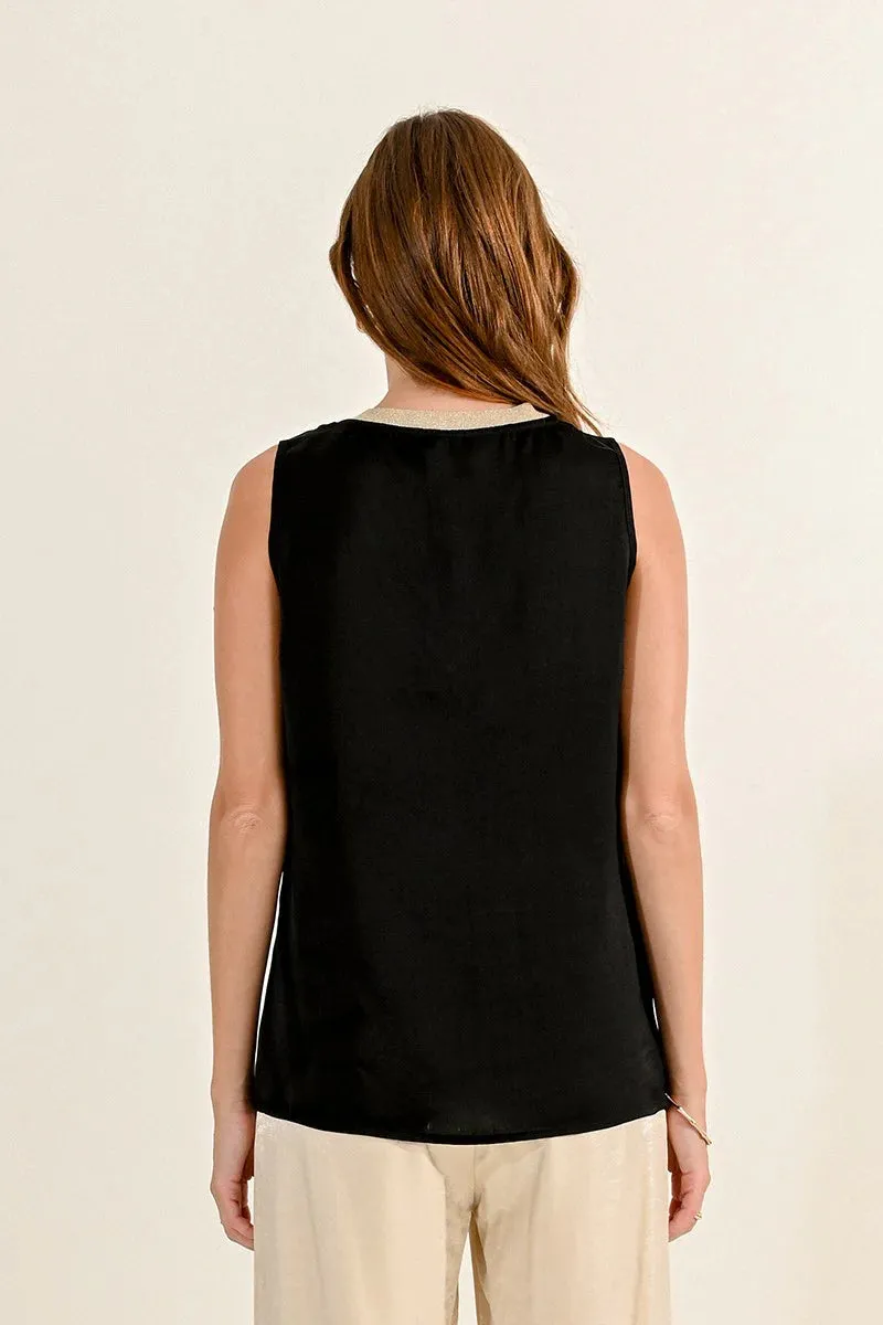 Molly Bracken V Neck Satin Tank Top in Black