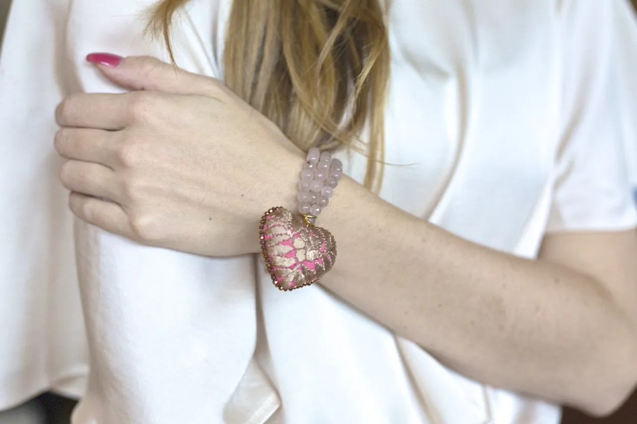 Orange Stone Beads and Embroidered Heart Stretch Bracelet