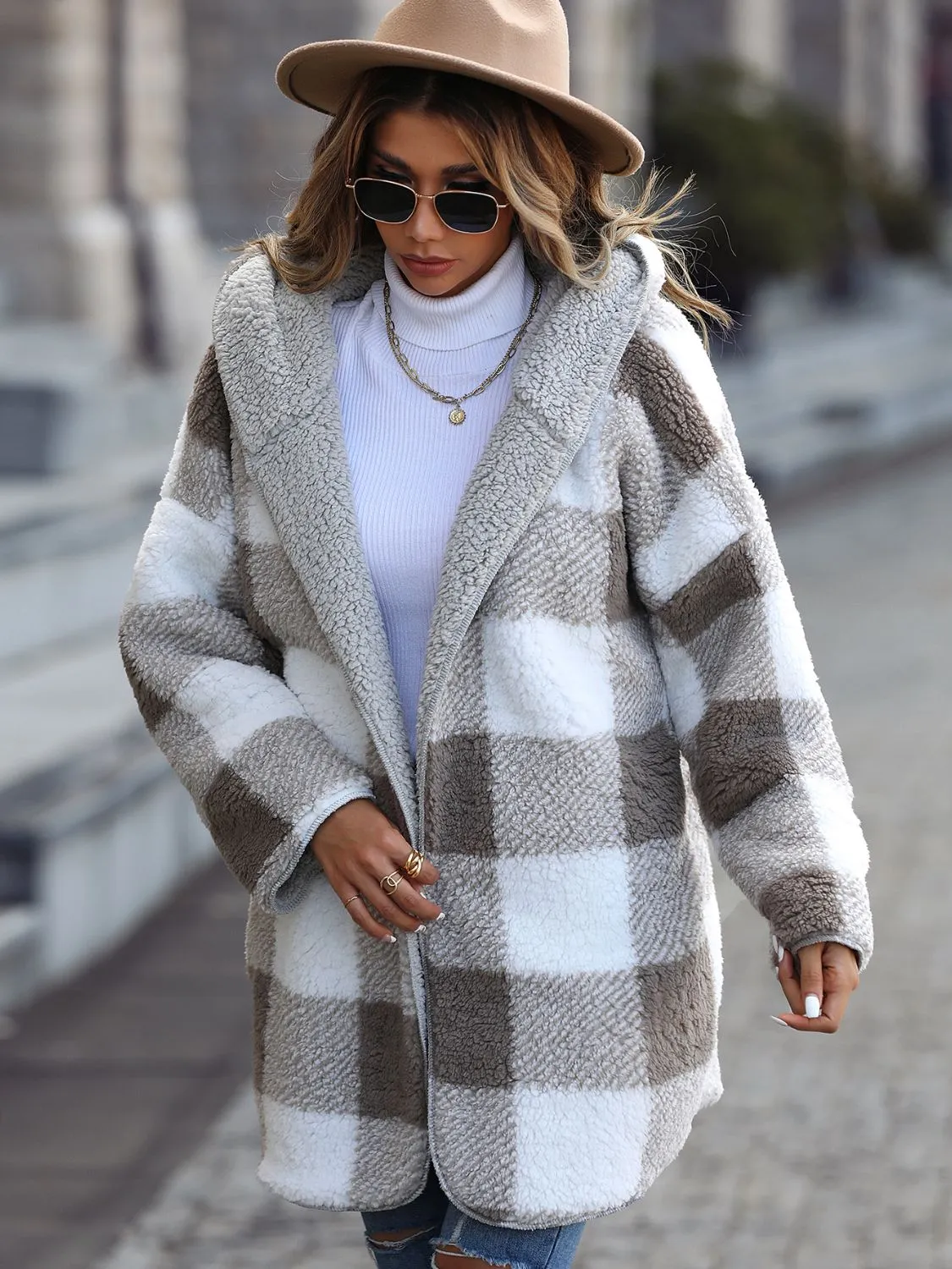 Plaid Open Front Hooded Coat - Cozy and Stylish for Any Occasion