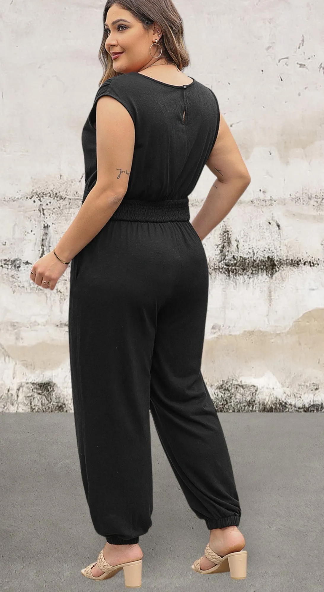 Plus Size Smocked High Waist Sleeveless V Neck Jumpsuit