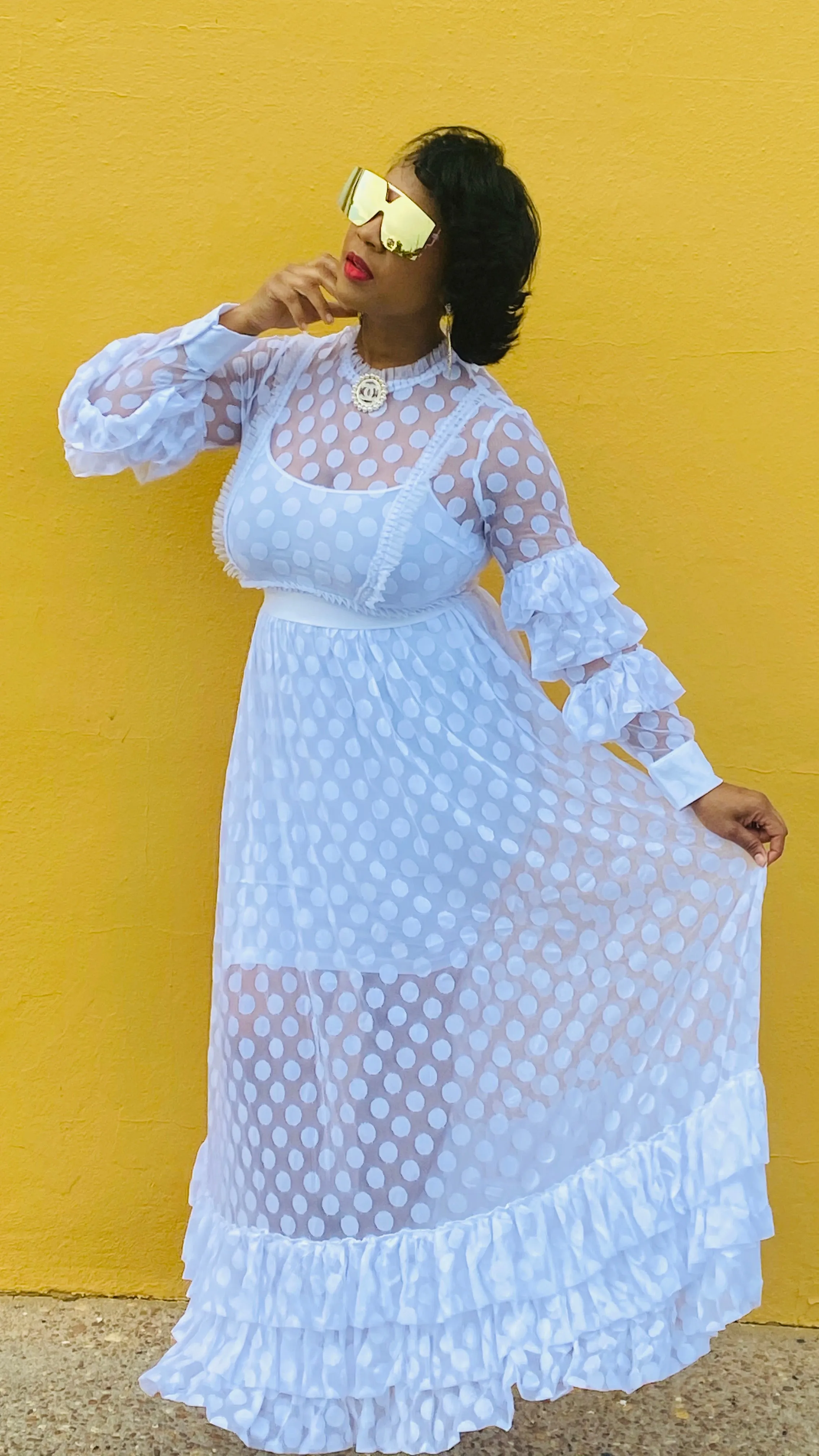 Polka Dot Sheer Maxi Dress( White)