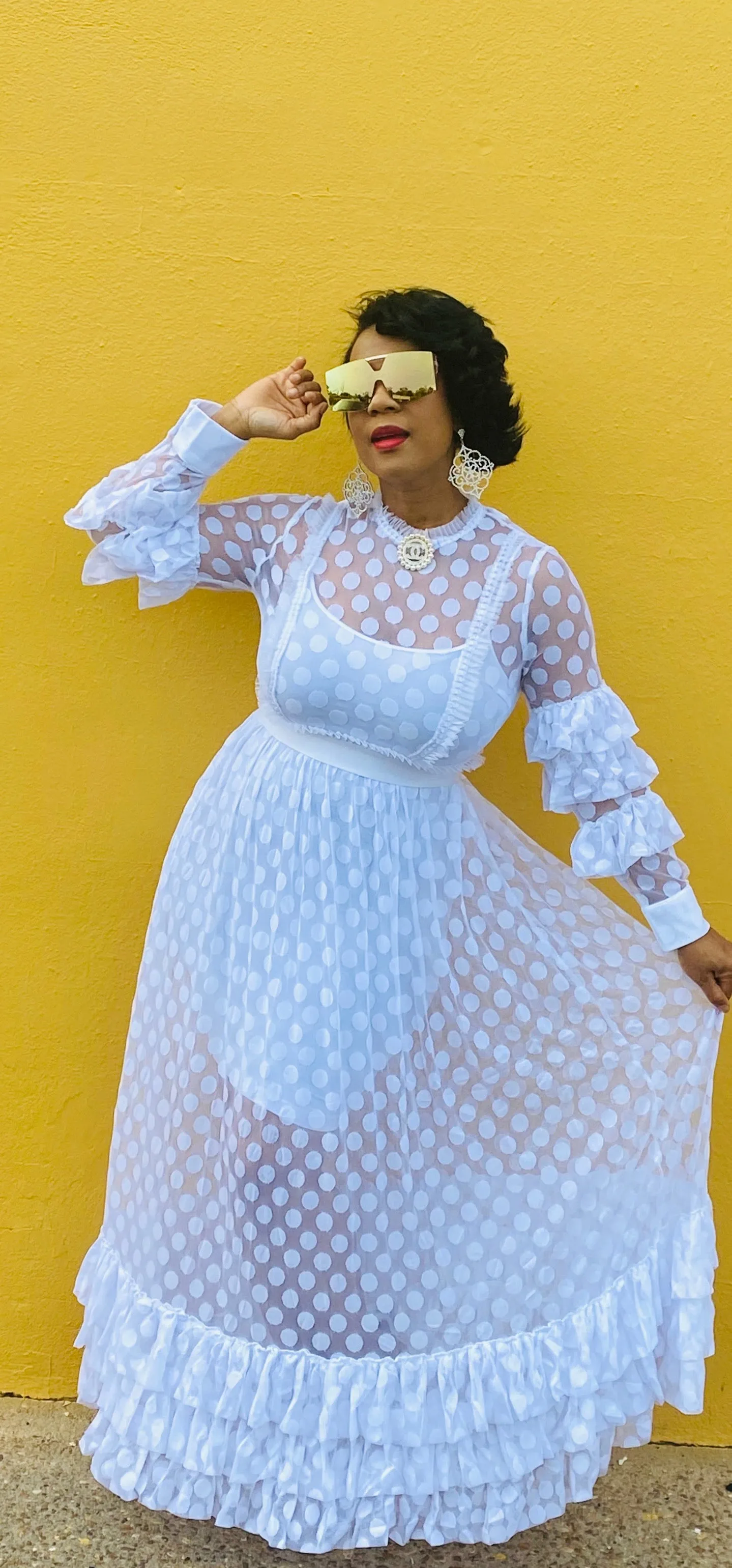 Polka Dot Sheer Maxi Dress( White)