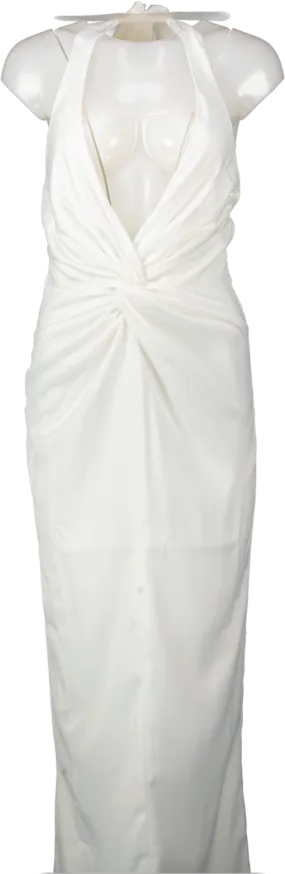 PrettyLittleThing White Satin Twist Plunge Halterneck Maxi Dress UK 8