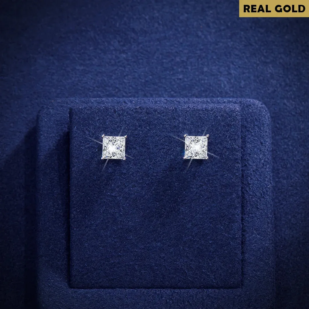 Real Gold Princess cut Moissanite Stud Earrings