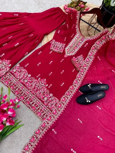 Red Georgette Heavy Embroidered Sequenced Gharara Suit Set