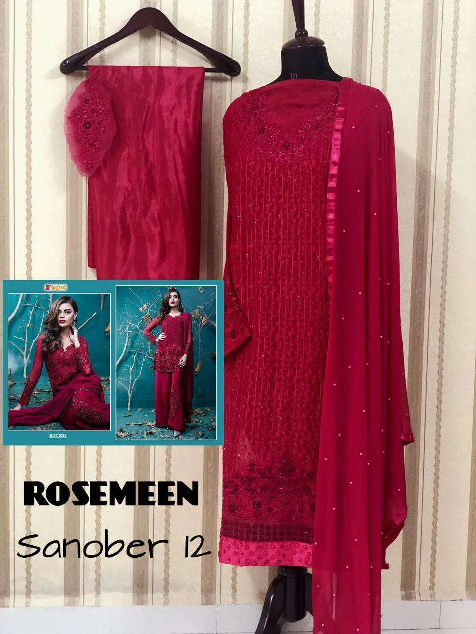 Red Rosemeen Festive Pakistani Designer Heavy Embroidered Salawar Kameez