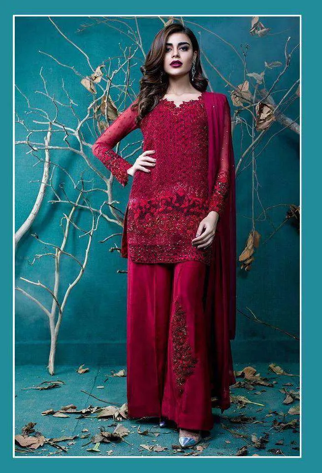 Red Rosemeen Festive Pakistani Designer Heavy Embroidered Salawar Kameez