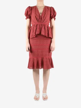 Red short-sleeved embroidered ruffle midi dress - size UK 6