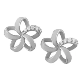 Rhodium Plated Sterling Silver Open Plumeria Stud Earrings