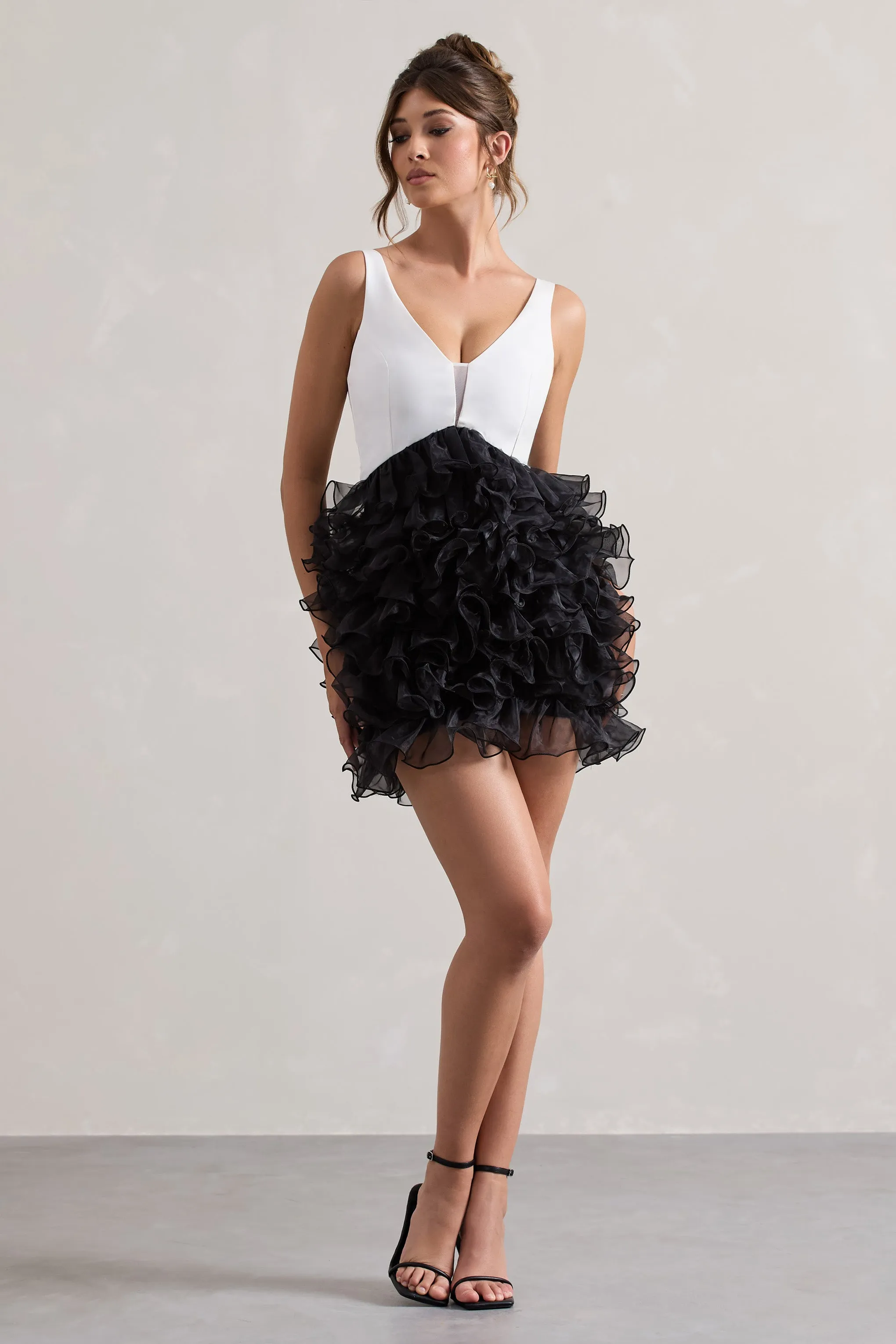 Riot | Black & White Plunge-Neck Mini Dress With Organza Skirt