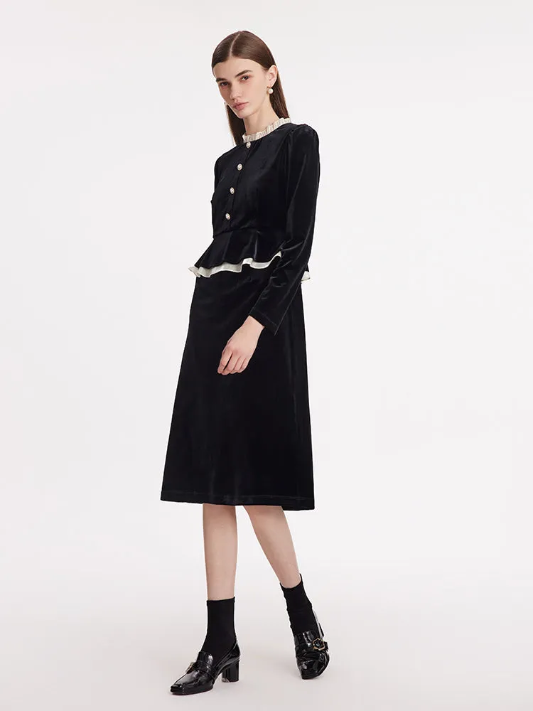 Ruffle Collar Velvet Women Midi Dress