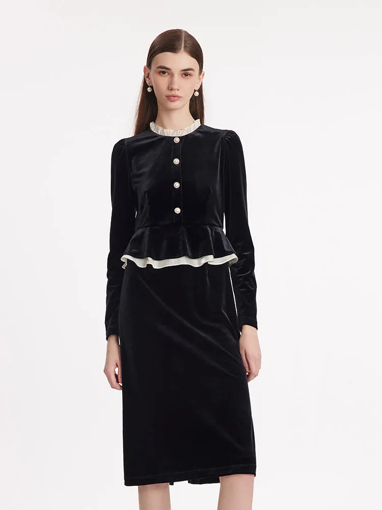 Ruffle Collar Velvet Women Midi Dress