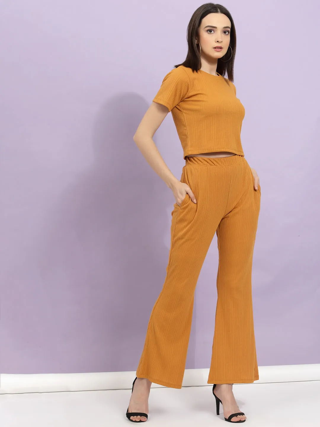 Self Textured Crop Top & Bell Bottoms With Pockets Co-Ord Set