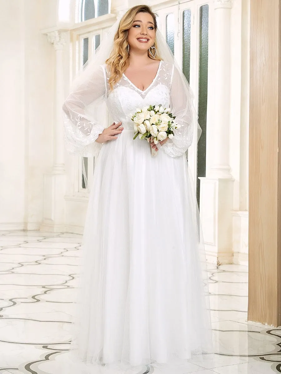 Sheer Floral Puffed Sleeve Sweetheart A-Line Wedding Dress