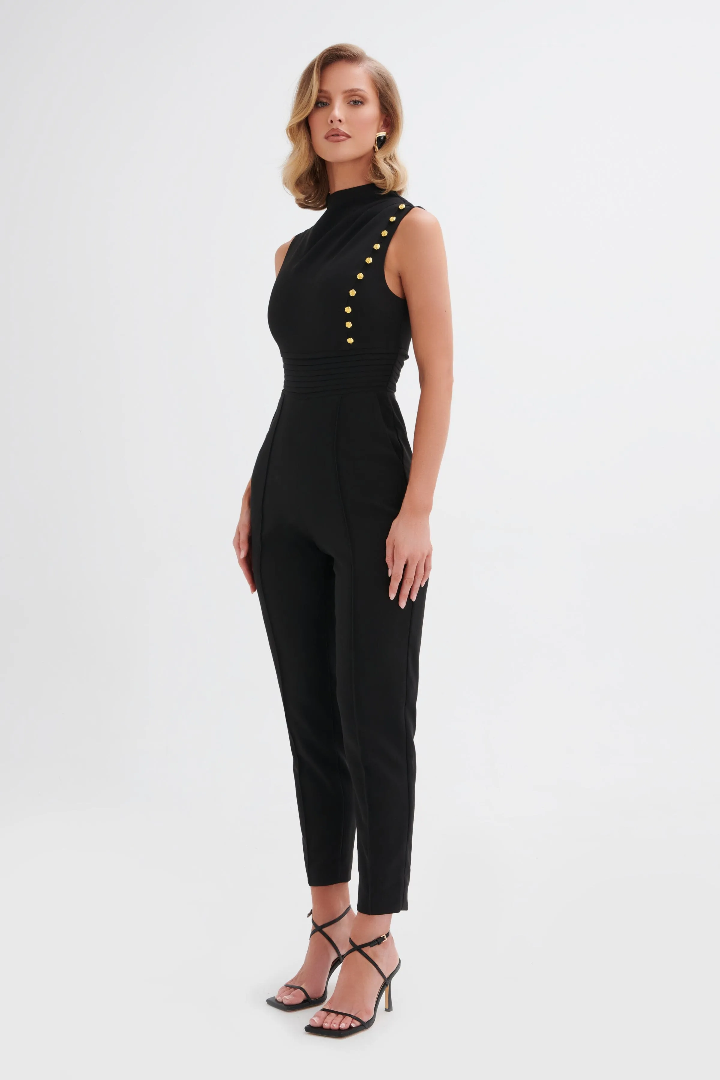 SIENNA High Neck Rose Button Jumpsuit in Black