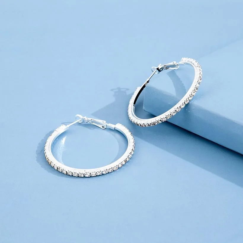 Silver Medium Rhinestone Hoop Earrings