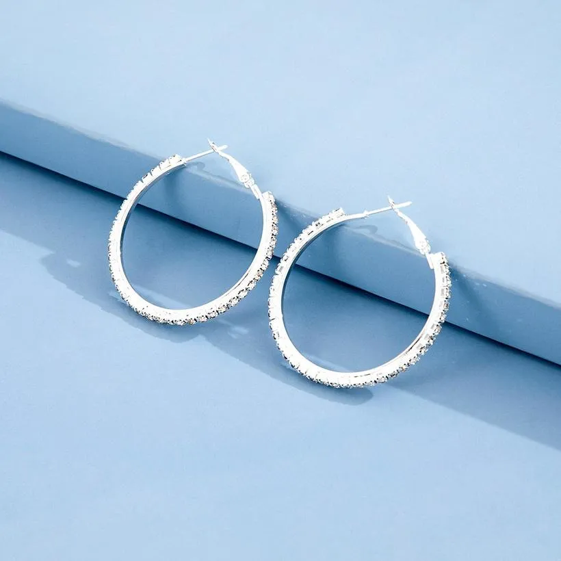 Silver Medium Rhinestone Hoop Earrings