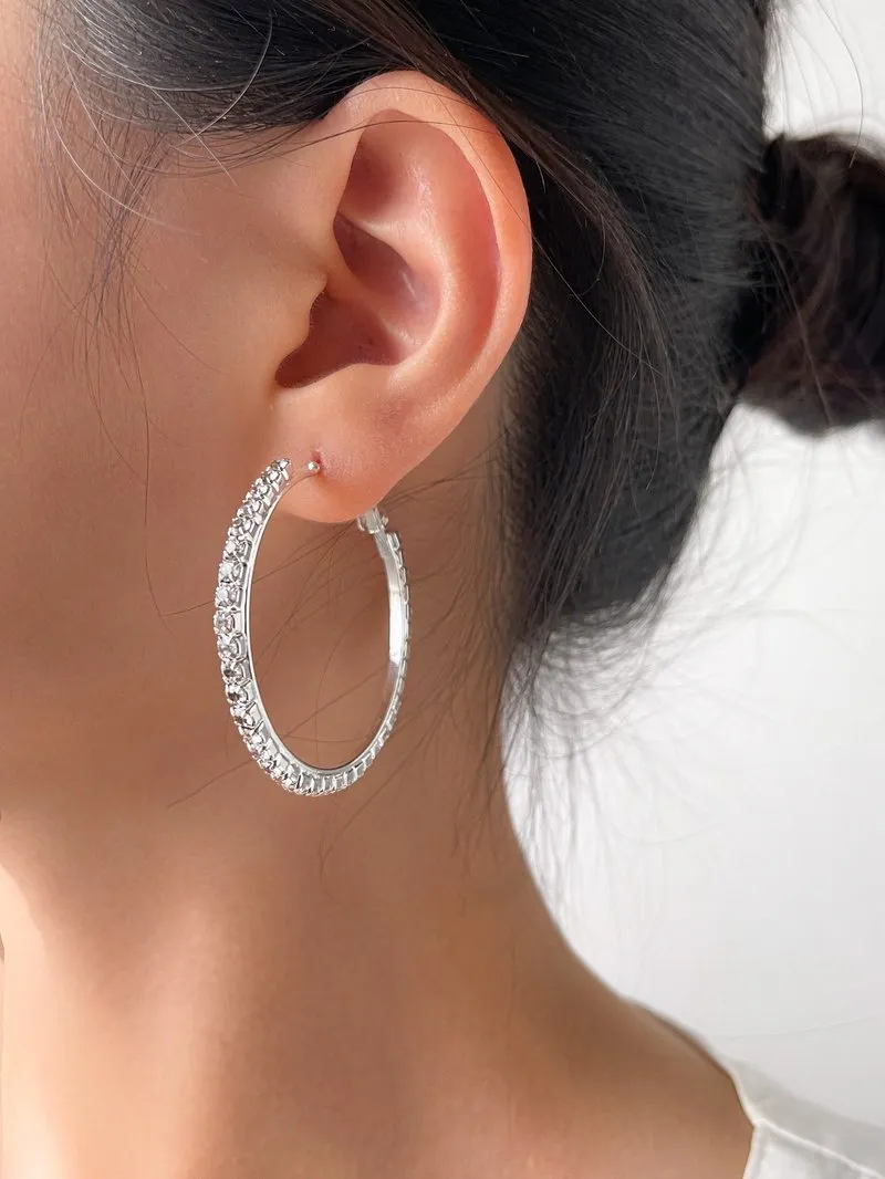 Silver Medium Rhinestone Hoop Earrings