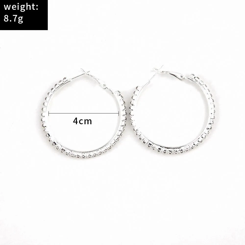 Silver Medium Rhinestone Hoop Earrings