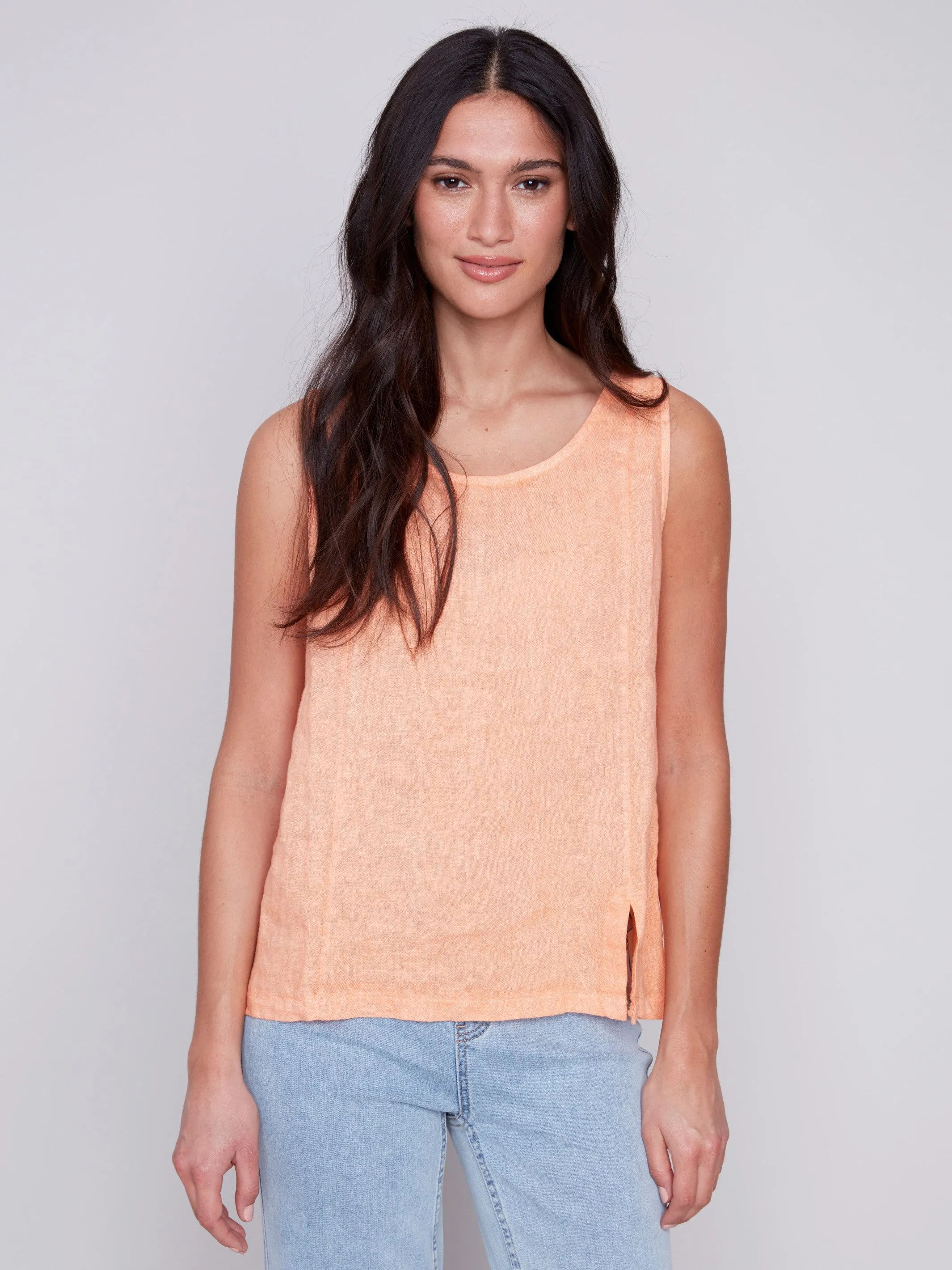 Sleeveless Linen Top with Slit - Tangerine