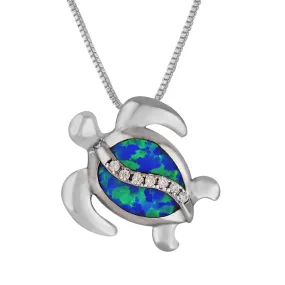 Sterling Silver Synthetic Blue Opal Turtle Pendant Necklace, 16 2" Extender