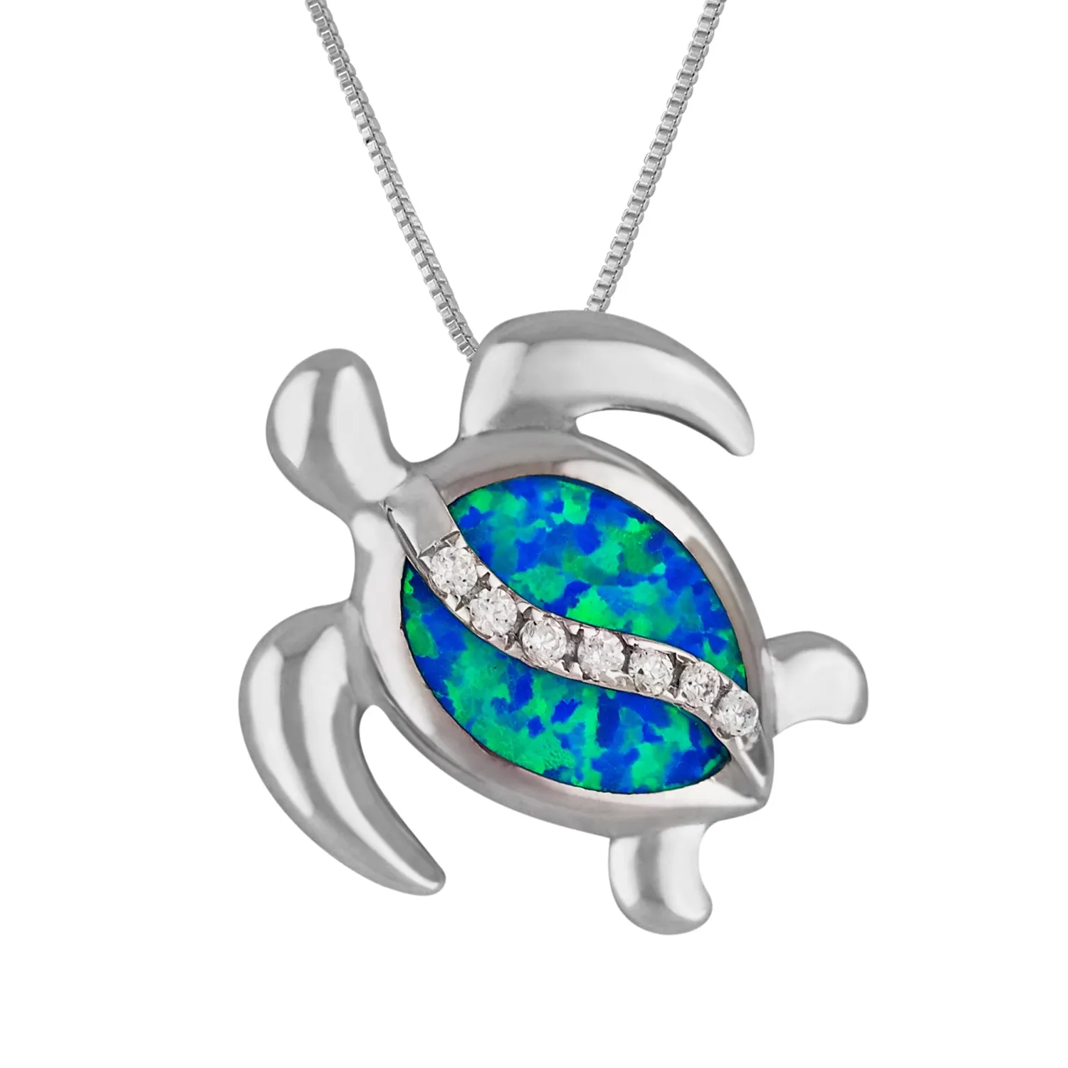 Sterling Silver Synthetic Blue Opal Turtle Pendant Necklace, 16 2" Extender