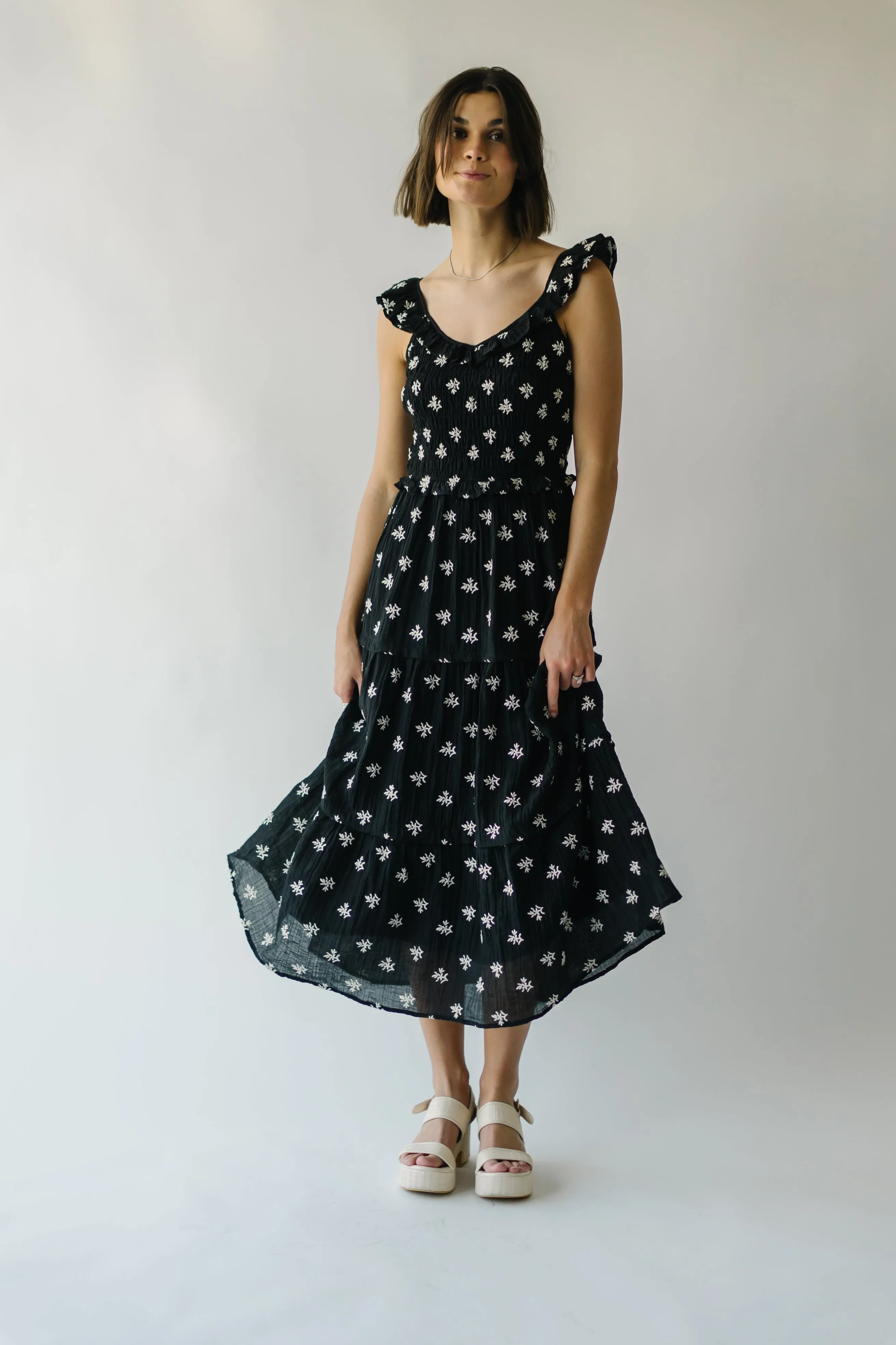 The Allard Embroidered Detail Midi Dress in Black