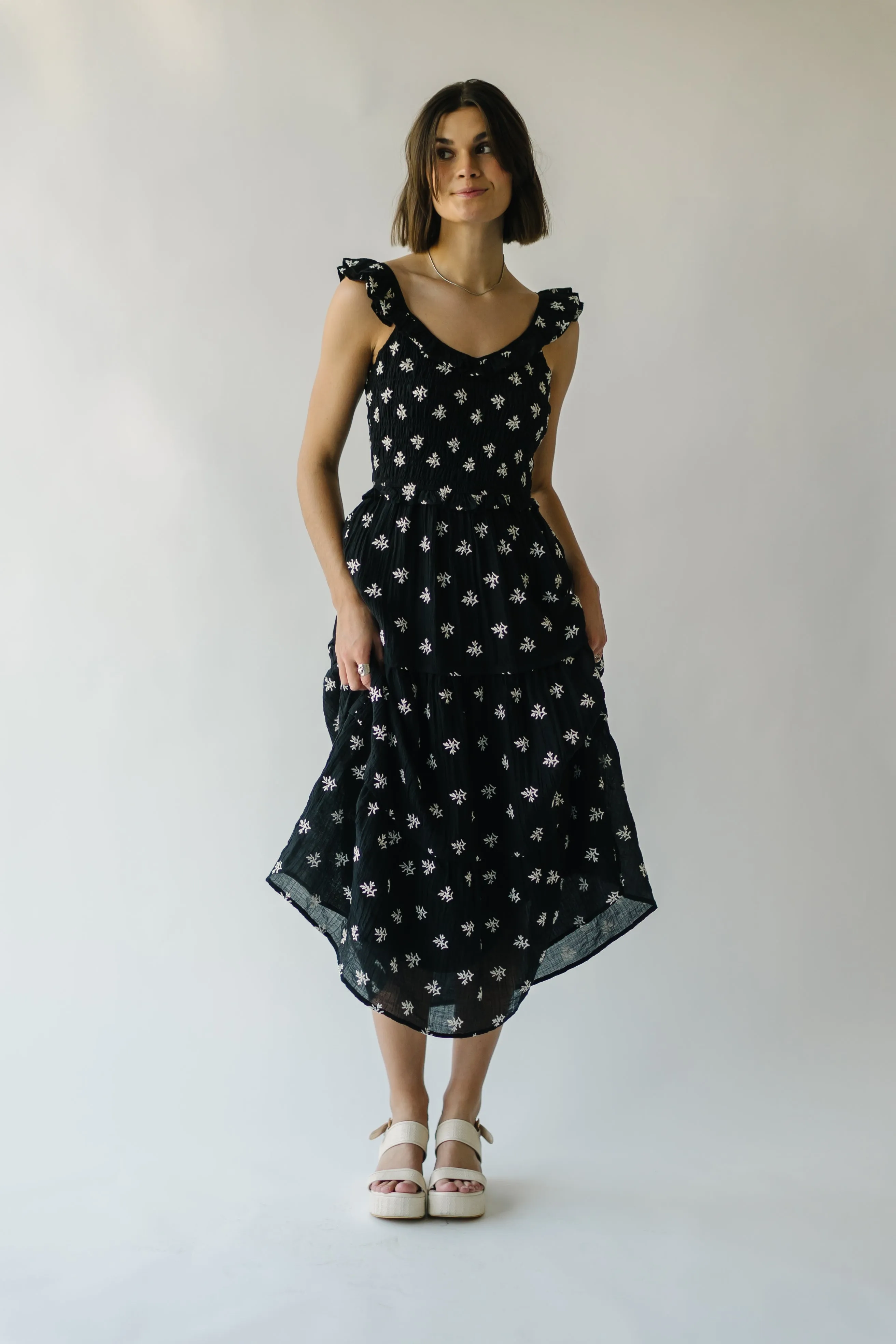 The Allard Embroidered Detail Midi Dress in Black